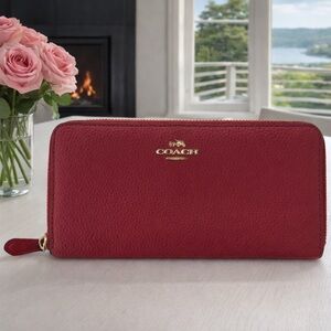 COACH Red Pebbled Leather Zip Wallet with Gold Logo
